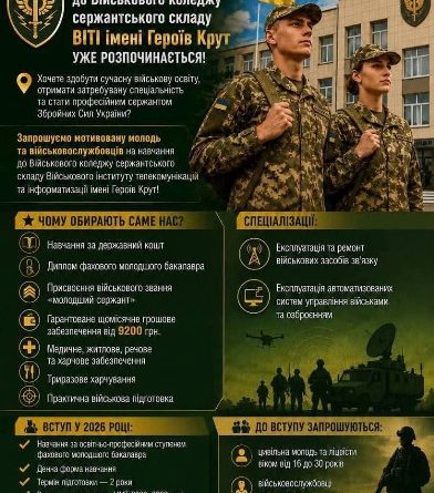 Триває набір до Військового коледжу сержантського складу Військового інституту телекомунікацій та інформатизації імені Героїв Крут (м. Полтава)
